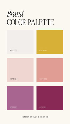 the brand color palette is shown in shades of pink, yellow and purple