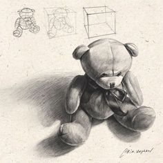 a pencil drawing of a teddy bear sitting in front of a box with a teddy bear on it's back