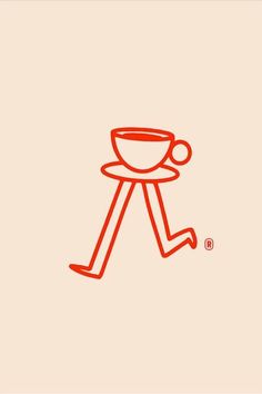 an orange line drawing of a coffee cup on a saucer, with the words