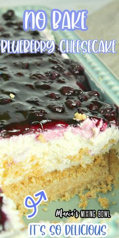 no bake blueberry cheesecake on a plate with the words it's so delicious