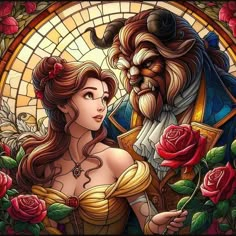 beauty and the beast stained glass painting