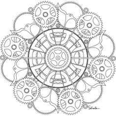 a circular design with gears in the middle and birds around it, on a white background