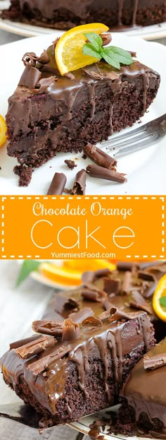 a slice of chocolate orange cake on a white plate