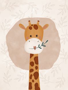 a giraffe with leaves on it's head is shown in front of a beige background