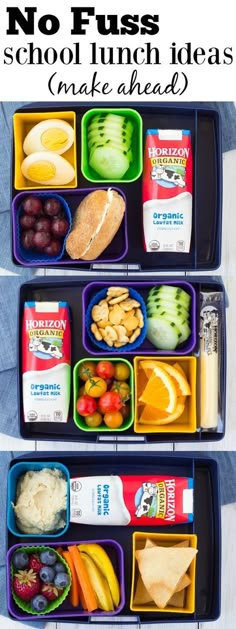 two plastic containers filled with food and the words no fuss school lunch ideas make ahead