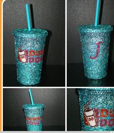 four pictures of the same cup with straws in it, and one has glitter on it