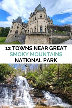 Top photo shows a mansion under a blue sky. Bottom photo shows a waterfall dropping in layers surrounded by forest. Best Hotels In Iceland, Smoky Mountains Tennessee, Maui Hotels, Mountain Hotel, Summer Vacation Destinations, Tennessee Travel