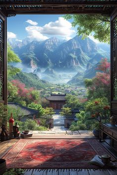 Rustic Chinese-Style House Interior with a View of a Mountain Village House View, Chinese House, Japanese Village, Japanese Style House, Futuristic Robot, Fairytale Cottage, View Art, Cyberpunk City