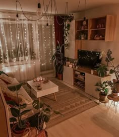 a living room filled with furniture and lots of lights on the windows sills