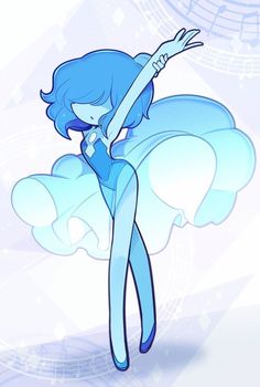 a cartoon character with blue hair is holding her arms out in front of music notes