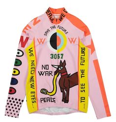 a pink jacket with an image of a horse on the front and words around it