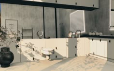 an artistic rendering of a kitchen with white cabinets and black vases on the counter