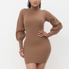 This Taylor Mini Dress Offers A Chic And Modern Silhouette, Featuring Bold Puffy Sleeves With Cable-Knit Detail For Added Texture. The High Neckline And Bodycon Fit Create A Flattering Shape, Perfect For Both Day And Night Events. Crafted With A Comfortable Stretch Fabric, This Dress Will Hug Your Curves While Keeping You Stylish. Beige Mini Length Bodycon Dress For Winter, Winter Bodycon Mini Dress In Beige, Beige Bodycon Mini Dress For Winter, Beige Mini Bodycon Dress For Winter, Winter Beige Mini Length Bodycon Dress, Winter Beige Bodycon Mini Dress, Winter Beige Mini Bodycon Dress, Beige Puff Sleeve Mini Dress For Fall, Beige Stretch Mini Dress For Fall