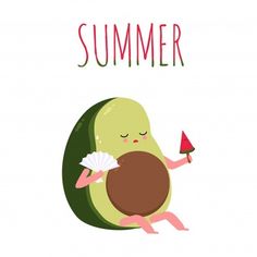 an avocado is holding a fan and the words summer are written in red