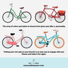 the different types of bicycles are shown in this graphic style, including one red and one blue