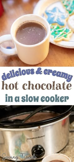 This is the world's most delicious and creamy hot chocolate! The best part is, you make it in a slow cooker - super easy! This hot chocolate recipe goes perfectly with Christmas cookies or a cake!  Make this delicious hot chocolate this winter season for a Christmas part or other holiday gathering.  It will be a hit in the cold weather for after caroling or served at a Christmas party. Hot Cocoa Crockpot Recipe Easy, Hot Cocoa In Crockpot Easy, Crockpot Hot Chocolate With Swiss Miss, Hot Chocolate Crock Pot Easy, Hot Chocolate In Crockpot Easy, Hot Chocolate In A Crockpot, Slow Cooker Hot Chocolate Easy, Crock Pot Hot Chocolate For A Crowd, Crock Pot Hot Chocolate Recipe Easy