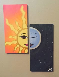 two paintings hang on the wall next to each other, one has a sun and moon painted on it