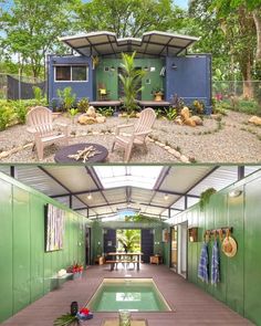 the inside and outside of a house that has been converted into a tiny cabin with a pool