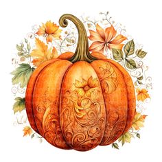 a drawing of a pumpkin with leaves and flowers around it