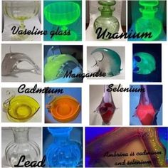 many different colored glass vases with names on them