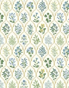 a wallpaper with blue and green flowers on it