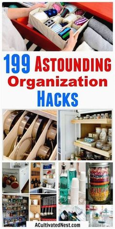 an organized closet with lots of items and text overlaying the title saying 19 outstanding organization hacks