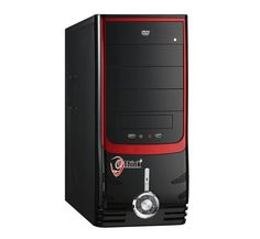 a black and red computer tower on a white background