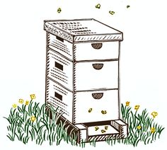 a drawing of a beehive in the grass with bees flying around and looking at it