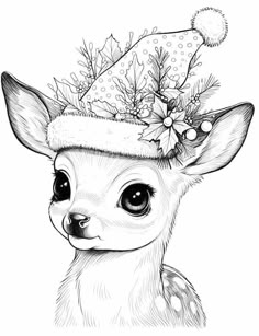 a black and white drawing of a deer wearing a christmas hat