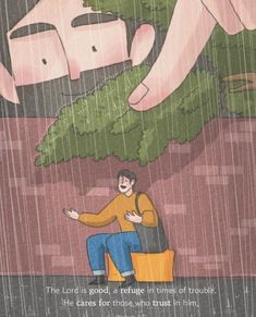 a man sitting under a tree in the rain