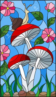 a stained glass window with mushrooms and flowers