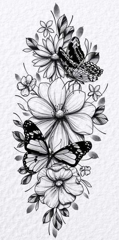 a black and white drawing of flowers with butterflies