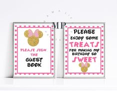 two pink and gold mickey mouse birthday signs