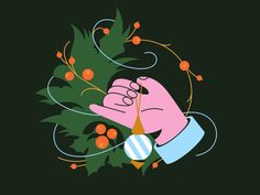 a hand holding a pencil near a christmas tree branch with berries and leaves on it