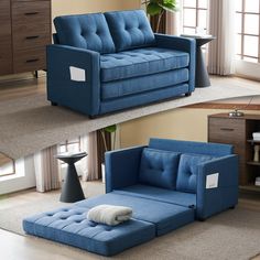 two pictures of a blue couch and ottoman