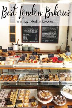 an assortment of pastries and desserts on display in a bakery shop with chalkboard menus