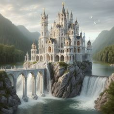 a castle on top of a waterfall surrounded by mountains