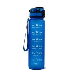 a blue water bottle with instructions on the side and a lanyard attached to it