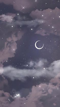 the night sky is filled with stars and clouds, as well as a crescent moon