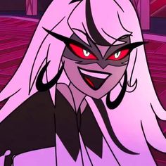 an animated image of a woman with red eyes and long white hair, wearing black and purple