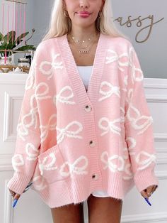 Bow My Way Pink Bow Cardigan | Sassy Shortcake Winter Clothes Fashion, Sassy Shortcake, Bow Cardigan, Patriotic Dresses, Loose Knit Sweater, Loose Knit Sweaters, Pink Cardigan, Loose Knit, Oversized Cardigan