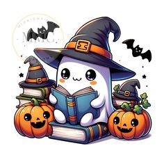 a penguin reading a book while wearing a witch hat and holding two pumpkins with bats around it