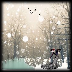 a woman is standing in the snow with birds flying above her and trees behind her