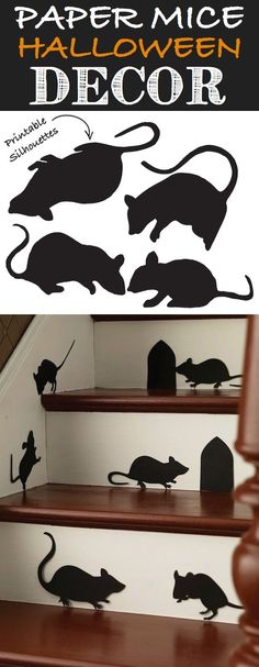 the silhouettes of mice are painted on the stairs in this halloween themed home decor