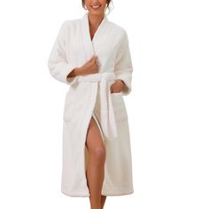 This robe is the perfect combination of comfort and functionality. This robe typically includes a long robe and a tie waist. The fluffy fabric is warm thick and super water-absorbent, offering a good experience while showering, spa, sauna or pool, and soft on the skin, keeping warm and comfortable all night in fall and winter. The robe made from fluffy flannel adds a feminine and lovely touch, making it perfect for women who want to feel comfortable but also look pretty. The plush Flannel robe i White Fluffy Robe, Terry Cloth Bathrobe, Flannel Robe, Fluffy Fabric, Party Hotel, Spa Sauna, Matching Robes, Wishlist 2024, One Piece Clothing