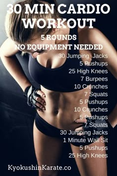 a woman in a black bra top with her arms on her hips and the words 30 min cardio workout 5 rounds no equipment needed