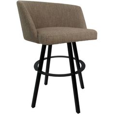 an upholstered bar stool with black legs and a tan fabric backrest, viewed from the front