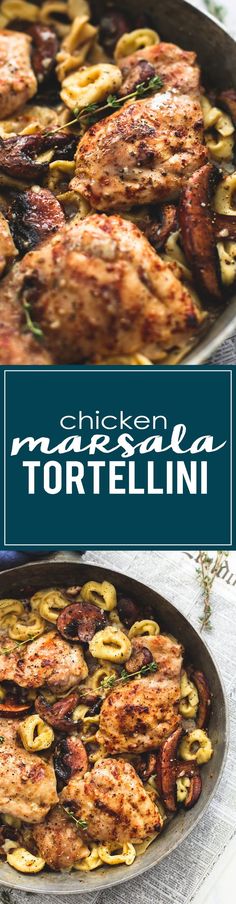 chicken and tortellini cooking in a skillet with the title text overlay