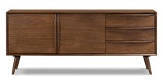 the sideboard is made from wood and has three drawers, one with two doors