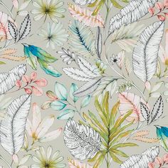 a floral wallpaper with leaves and flowers on grey background in shades of pink, green, yellow and blue